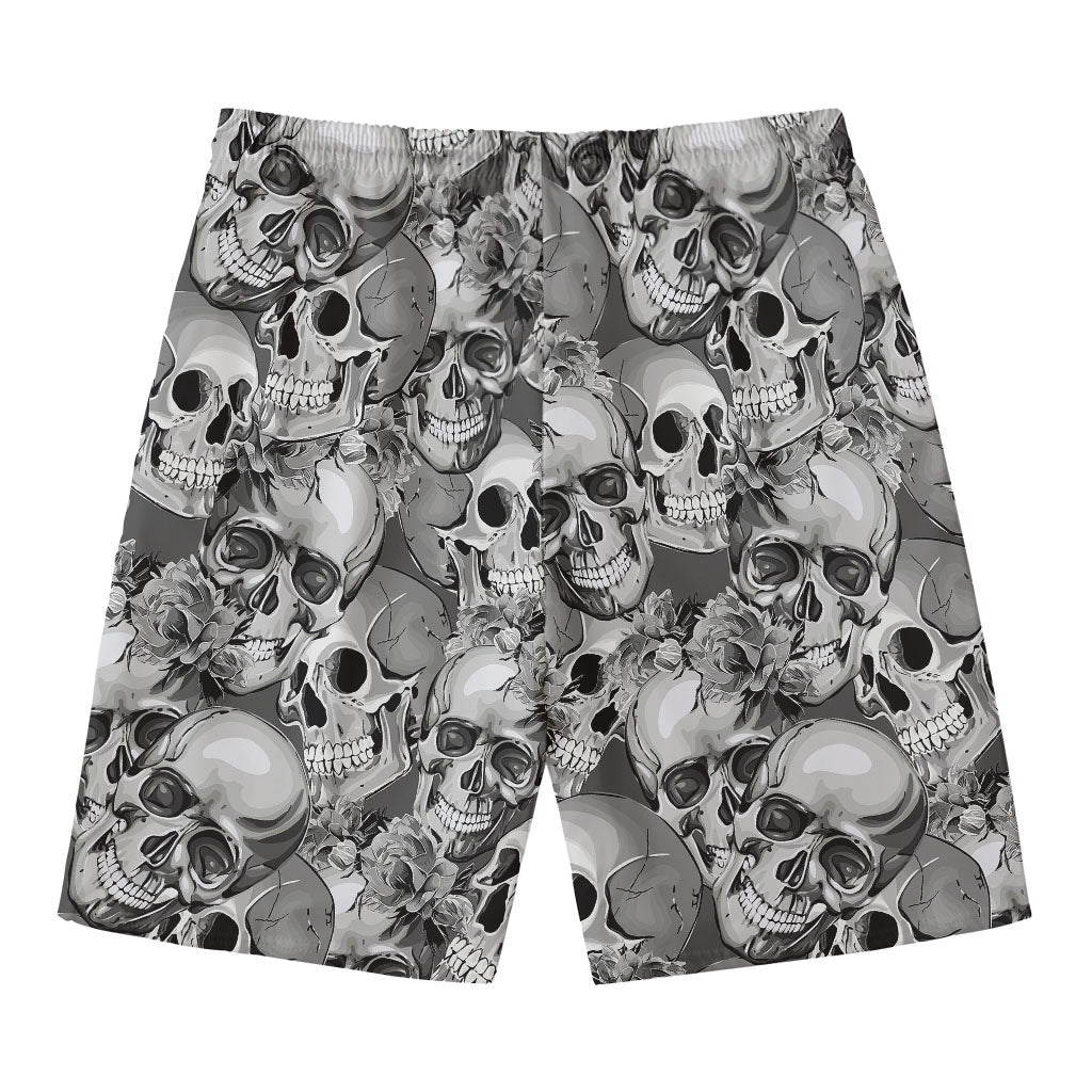 Monochrome Skull Flowers Pattern Print Men's Swim Trunks