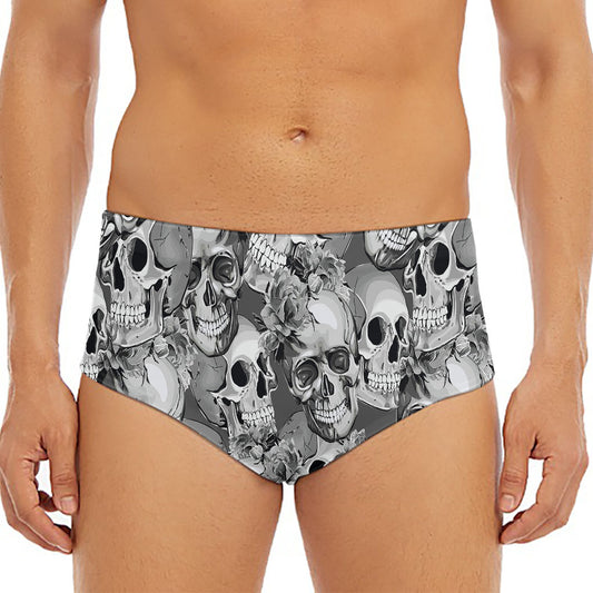 Monochrome Skull Flowers Pattern Print Men's Triangle Swim Briefs