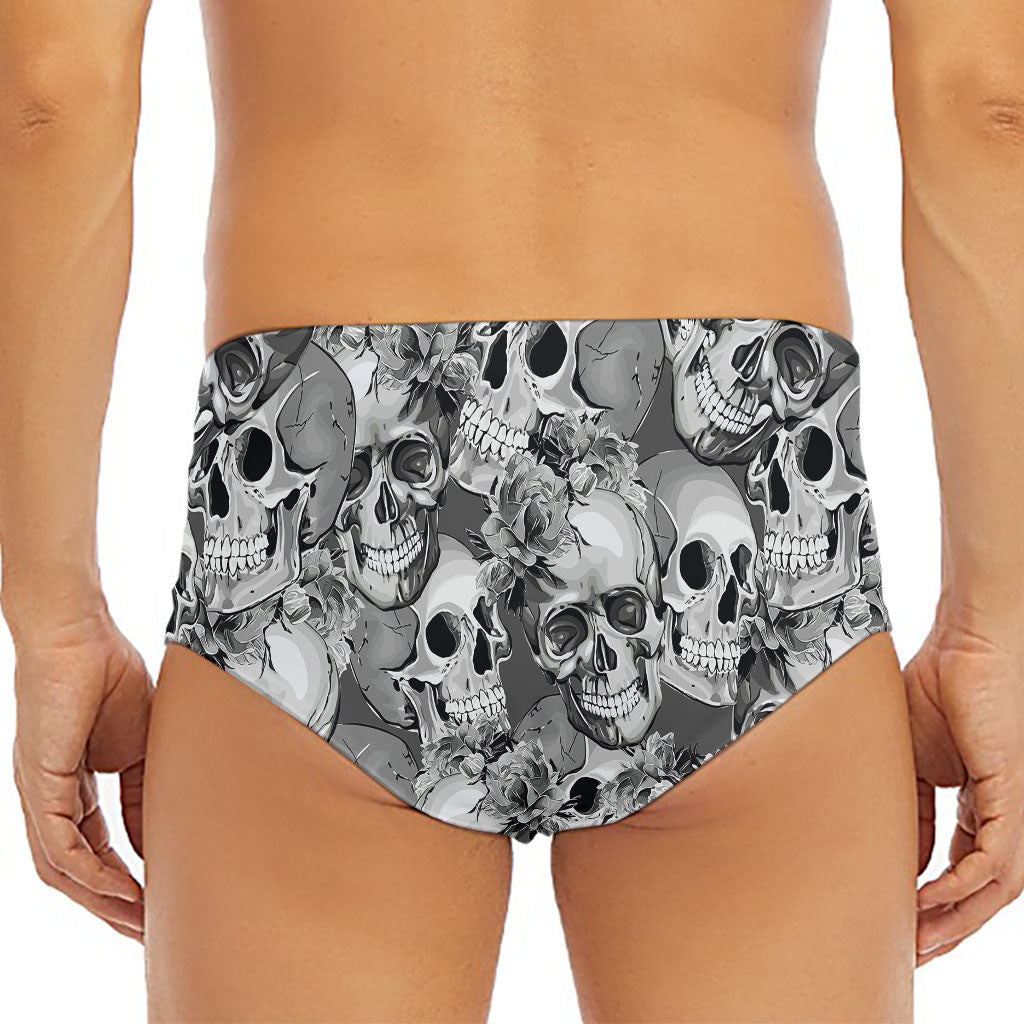 Monochrome Skull Flowers Pattern Print Men's Triangle Swim Briefs