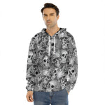 Monochrome Skull Flowers Pattern Print Men's Velvet Pullover Hoodie