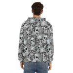Monochrome Skull Flowers Pattern Print Men's Velvet Pullover Hoodie