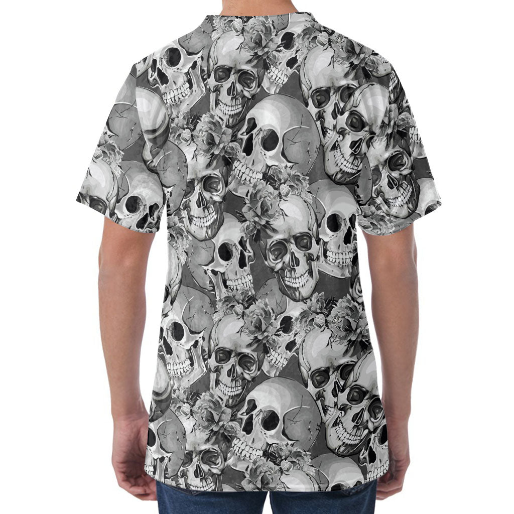 Monochrome Skull Flowers Pattern Print Men's Velvet T-Shirt