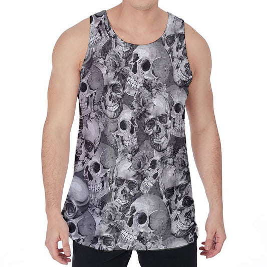 Monochrome Skull Flowers Pattern Print Men's Velvet Tank Top