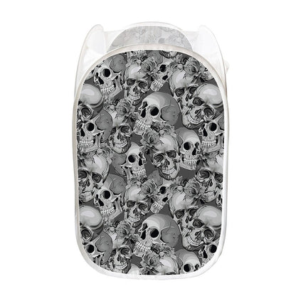 Monochrome Skull Flowers Pattern Print Mesh Laundry Hamper