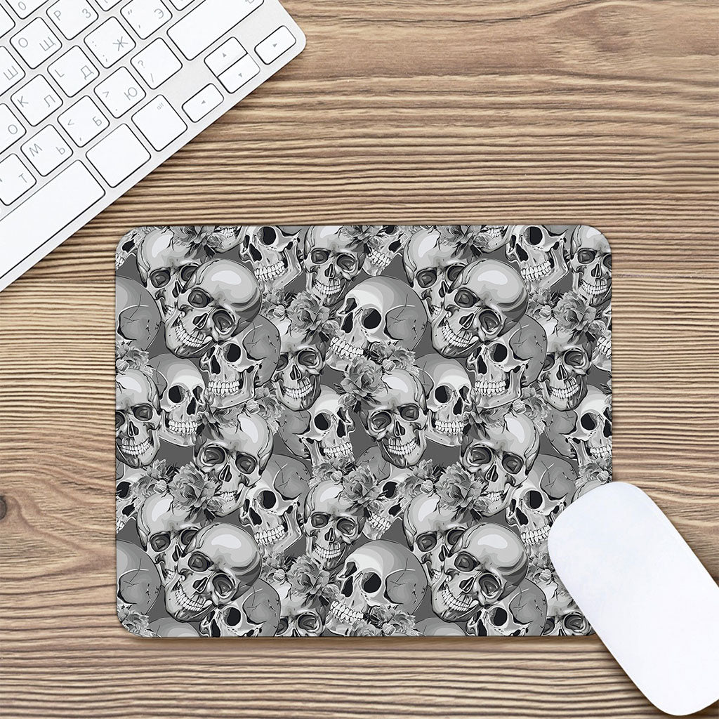 Monochrome Skull Flowers Pattern Print Mouse Pad