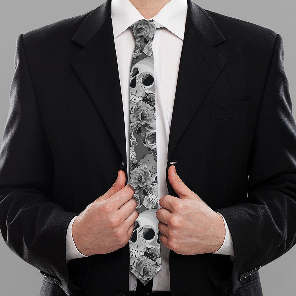 Monochrome Skull Flowers Pattern Print Necktie