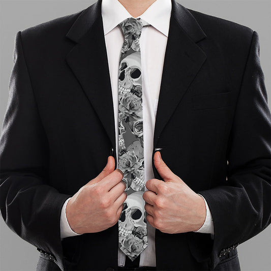 Monochrome Skull Flowers Pattern Print Necktie