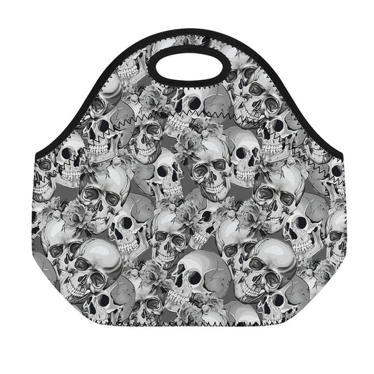 Monochrome Skull Flowers Pattern Print Neoprene Lunch Bag