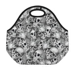 Monochrome Skull Flowers Pattern Print Neoprene Lunch Bag