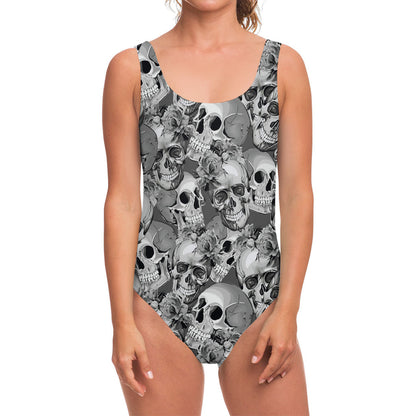 Monochrome Skull Flowers Pattern Print One Piece Swimsuit