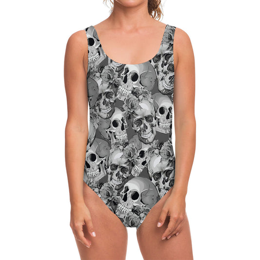 Monochrome Skull Flowers Pattern Print One Piece Swimsuit