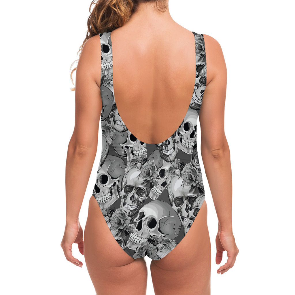 Monochrome Skull Flowers Pattern Print One Piece Swimsuit