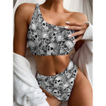 Monochrome Skull Flowers Pattern Print One Shoulder Bikini Top