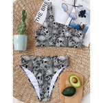 Monochrome Skull Flowers Pattern Print One Shoulder Bikini Top