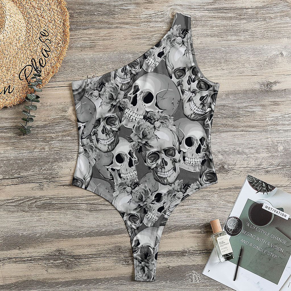 Monochrome Skull Flowers Pattern Print One Shoulder Bodysuit