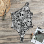 Monochrome Skull Flowers Pattern Print One Shoulder Bodysuit