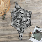 Monochrome Skull Flowers Pattern Print One Shoulder Bodysuit
