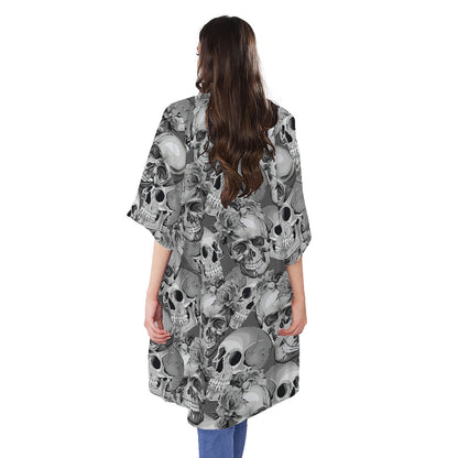 Monochrome Skull Flowers Pattern Print Open Front Beach Cover Up