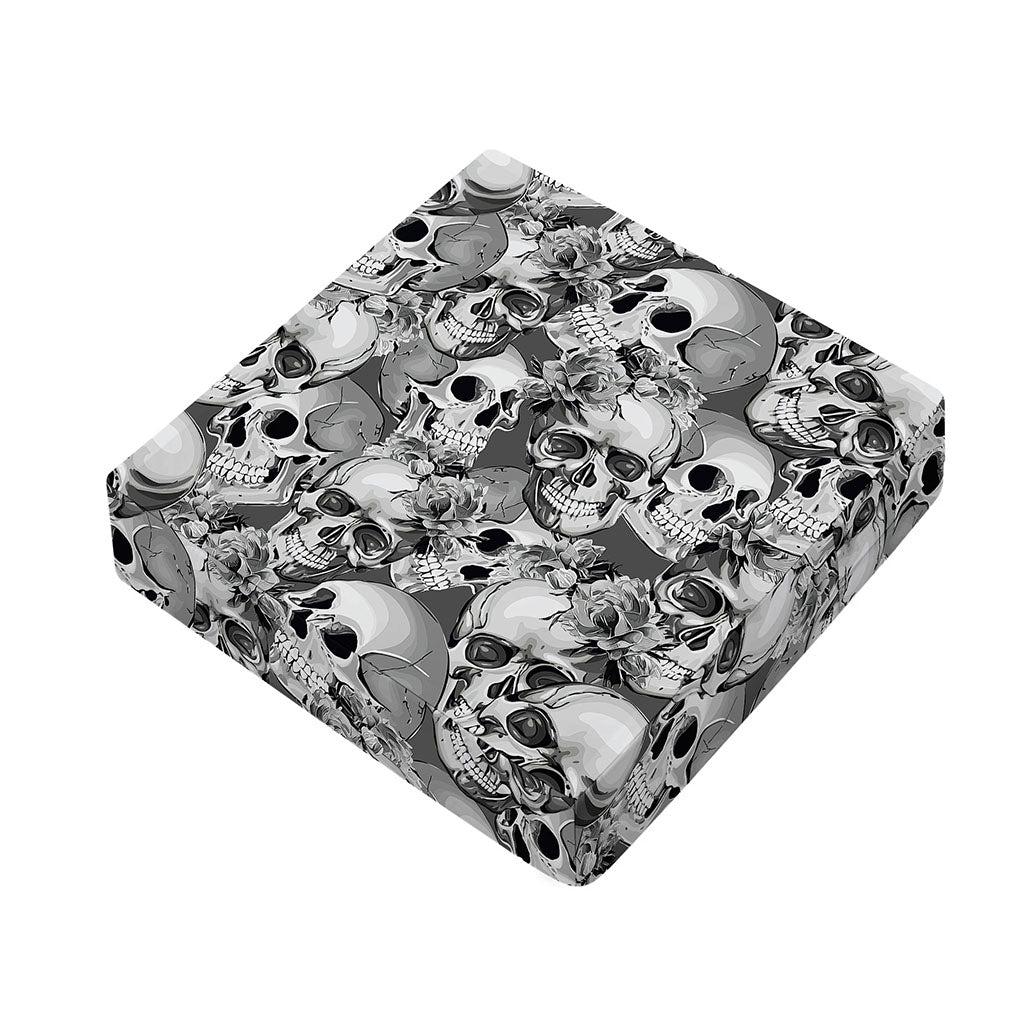 Monochrome Skull Flowers Pattern Print Outdoor Seat Cushion Cover