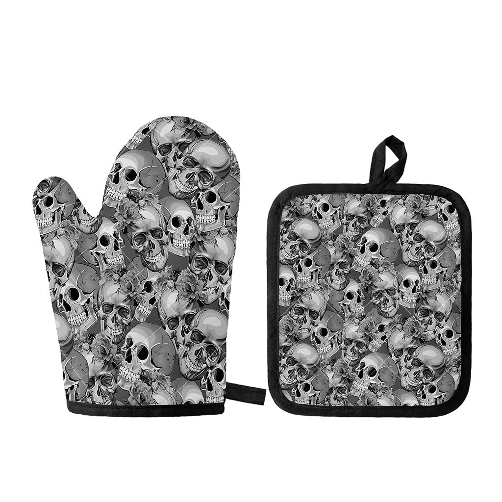 Monochrome Skull Flowers Pattern Print Oven Mitt And Pot Holder Set
