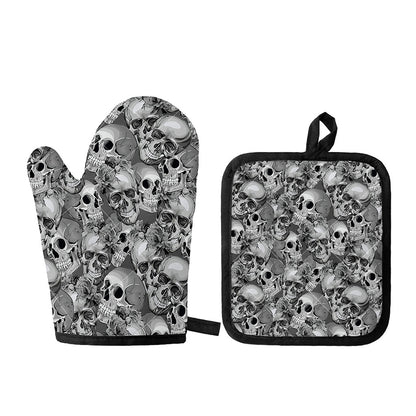 Monochrome Skull Flowers Pattern Print Oven Mitt And Pot Holder Set