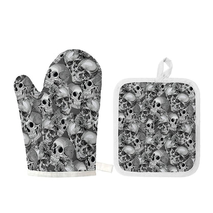 Monochrome Skull Flowers Pattern Print Oven Mitt And Pot Holder Set
