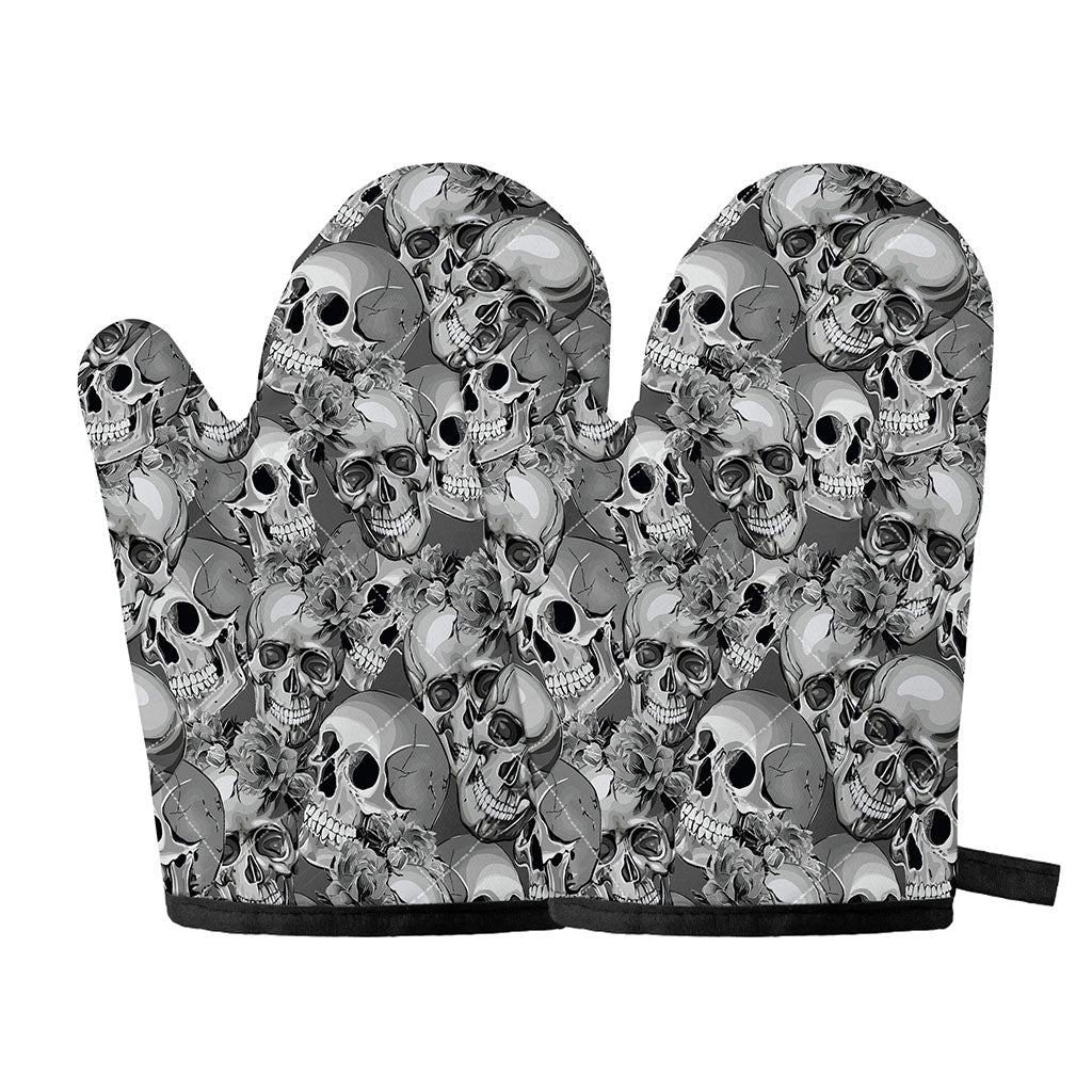 Monochrome Skull Flowers Pattern Print Oven Mitts