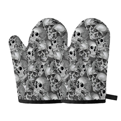 Monochrome Skull Flowers Pattern Print Oven Mitts