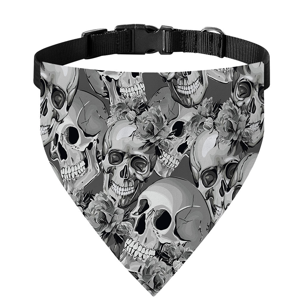 Monochrome Skull Flowers Pattern Print Over The Collar Dog Bandana