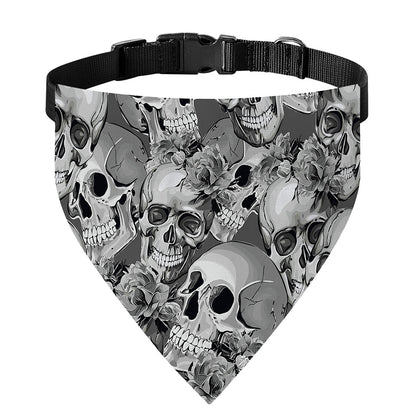 Monochrome Skull Flowers Pattern Print Over The Collar Dog Bandana