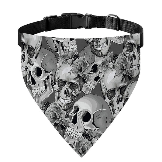 Monochrome Skull Flowers Pattern Print Over The Collar Dog Bandana