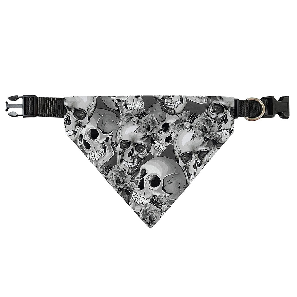 Monochrome Skull Flowers Pattern Print Over The Collar Dog Bandana