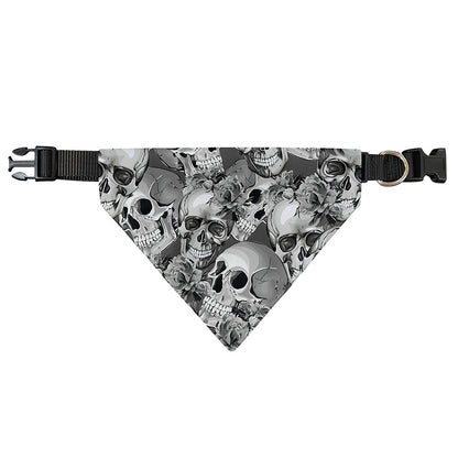 Monochrome Skull Flowers Pattern Print Over The Collar Dog Bandana