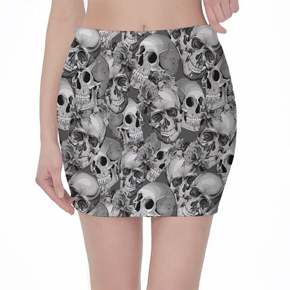 Monochrome Skull Flowers Pattern Print Pencil Mini Skirt