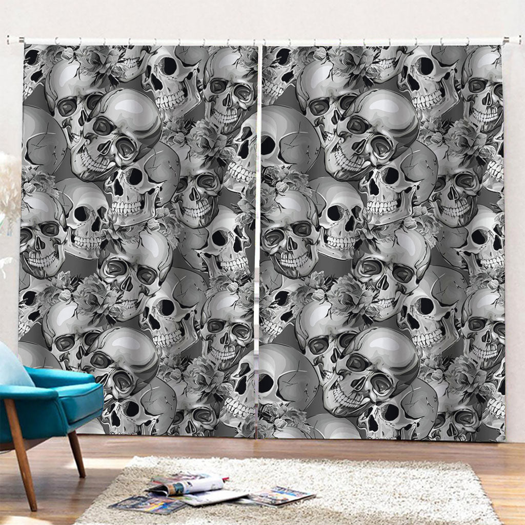 Monochrome Skull Flowers Pattern Print Pencil Pleat Curtains