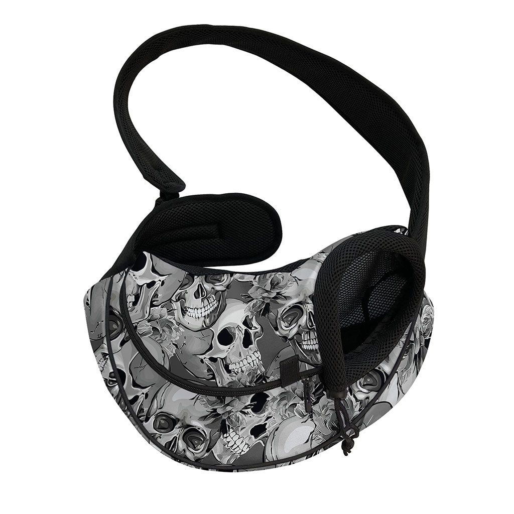 Monochrome Skull Flowers Pattern Print Pet Sling Carrier