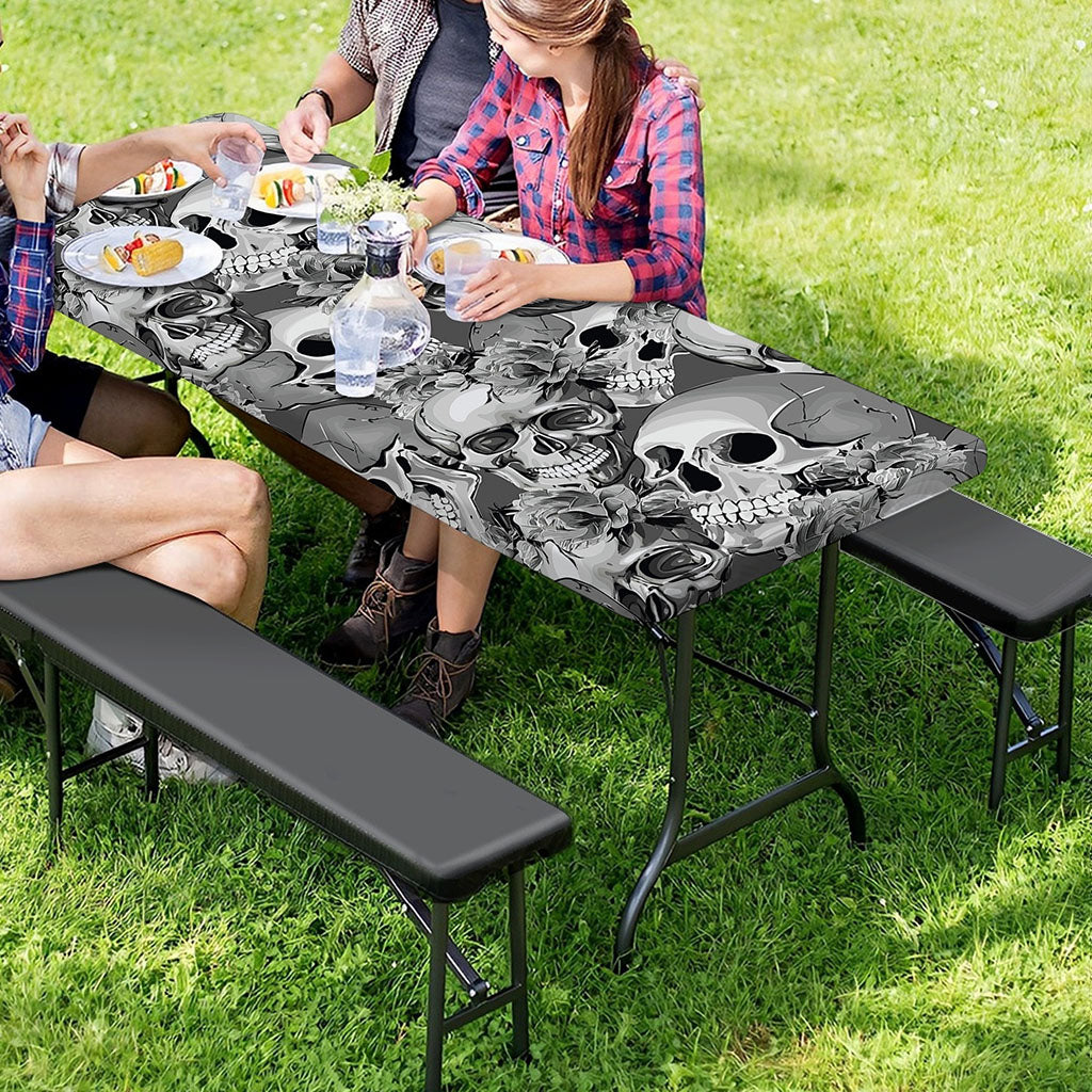 Monochrome Skull Flowers Pattern Print Picnic Table Cover