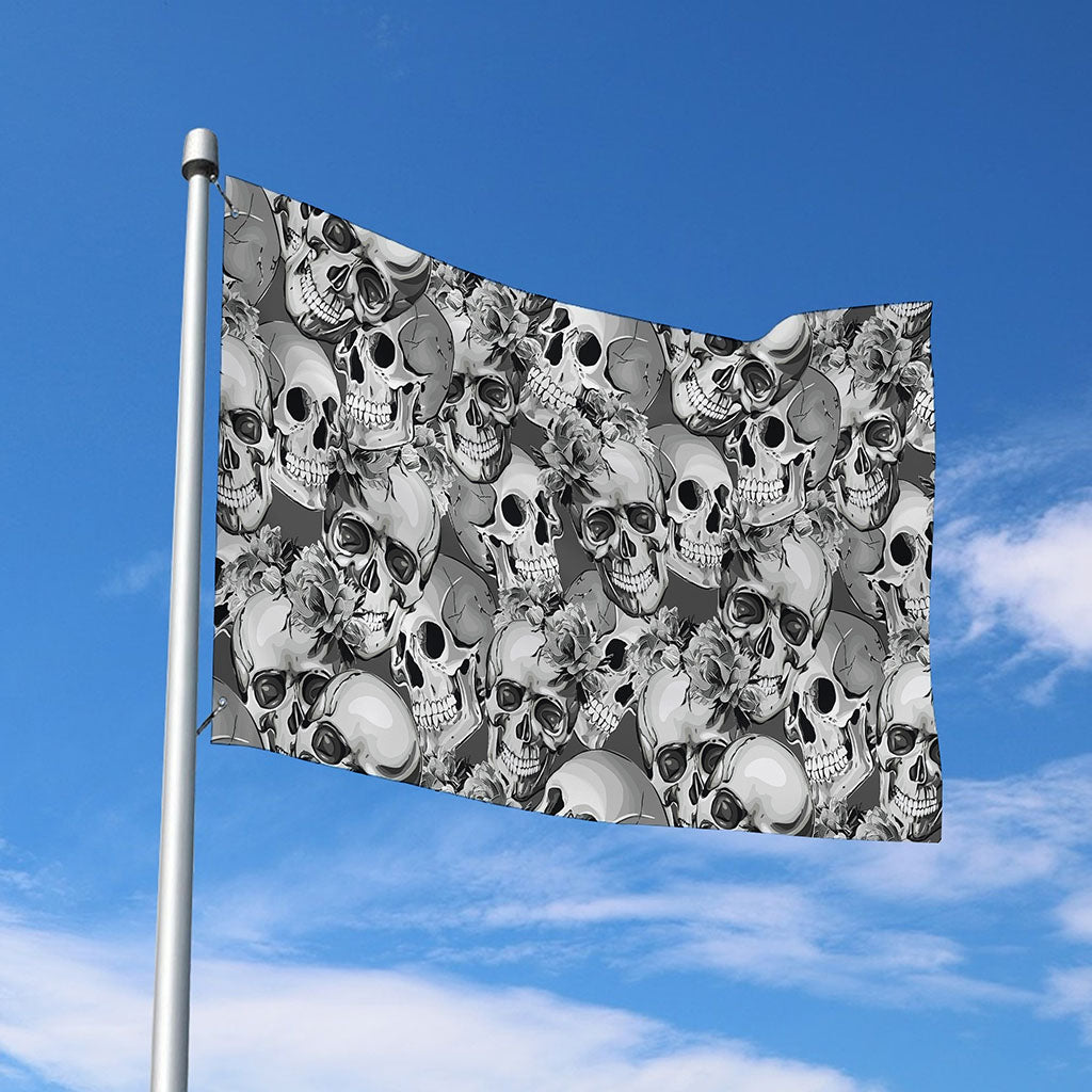 Monochrome Skull Flowers Pattern Print Polyester Flag