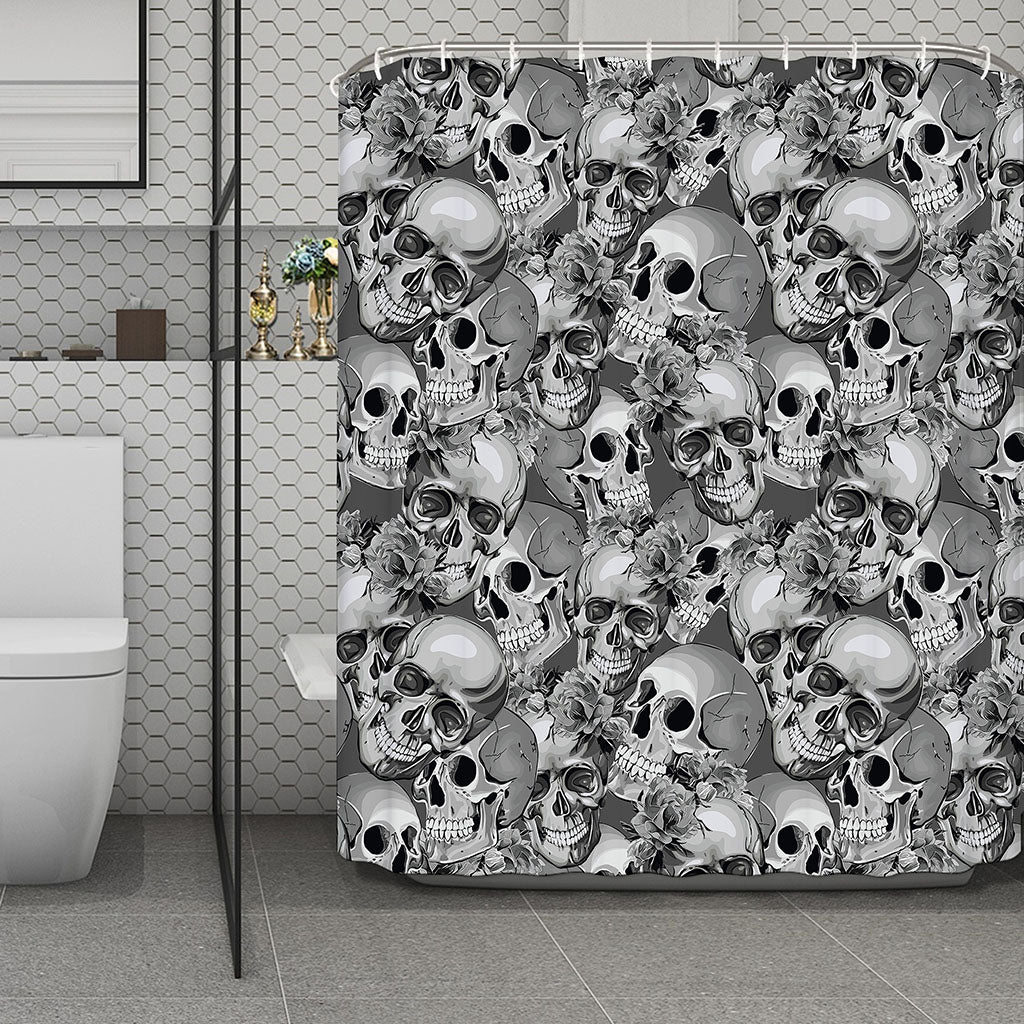 Monochrome Skull Flowers Pattern Print Polyester Shower Curtain
