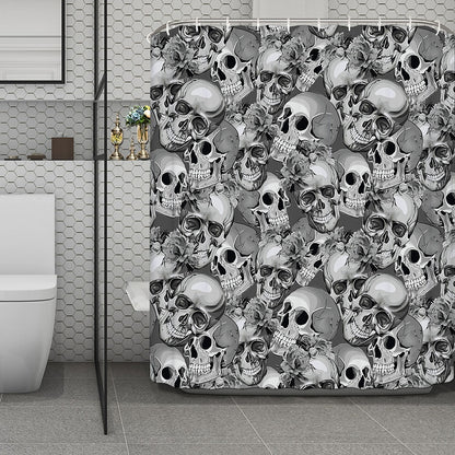 Monochrome Skull Flowers Pattern Print Polyester Shower Curtain