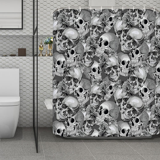 Monochrome Skull Flowers Pattern Print Polyester Shower Curtain