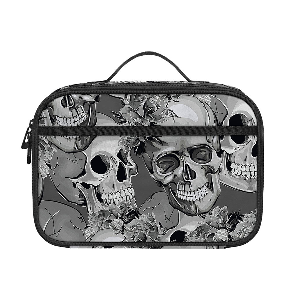 Monochrome Skull Flowers Pattern Print Portable Lunch Bag