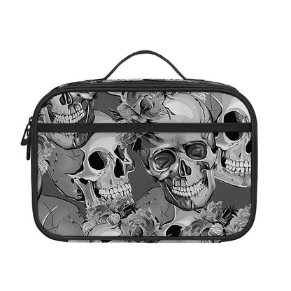 Monochrome Skull Flowers Pattern Print Portable Lunch Bag