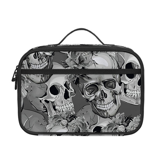 Monochrome Skull Flowers Pattern Print Portable Lunch Bag