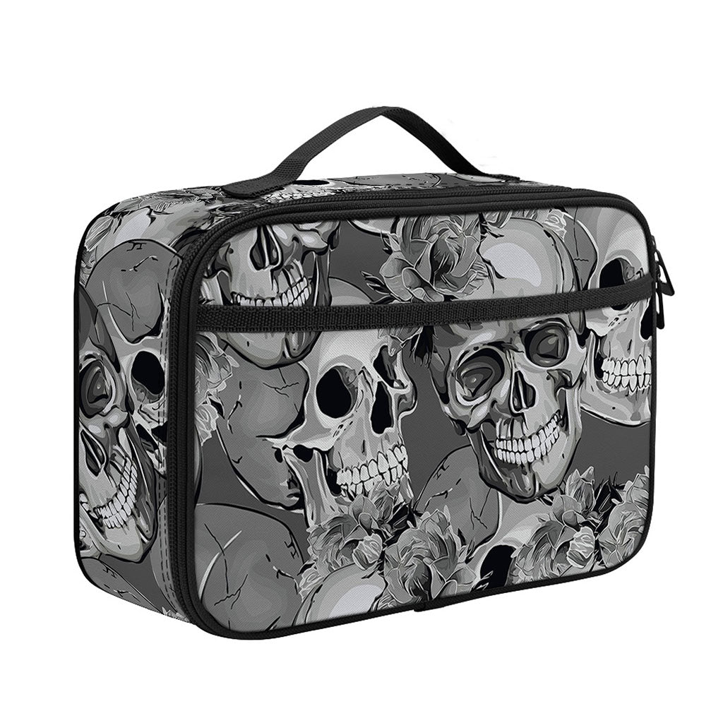 Monochrome Skull Flowers Pattern Print Portable Lunch Bag