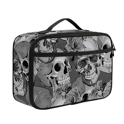 Monochrome Skull Flowers Pattern Print Portable Lunch Bag