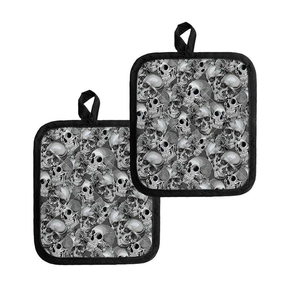 Monochrome Skull Flowers Pattern Print Pot Holders