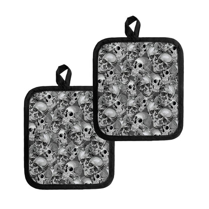 Monochrome Skull Flowers Pattern Print Pot Holders