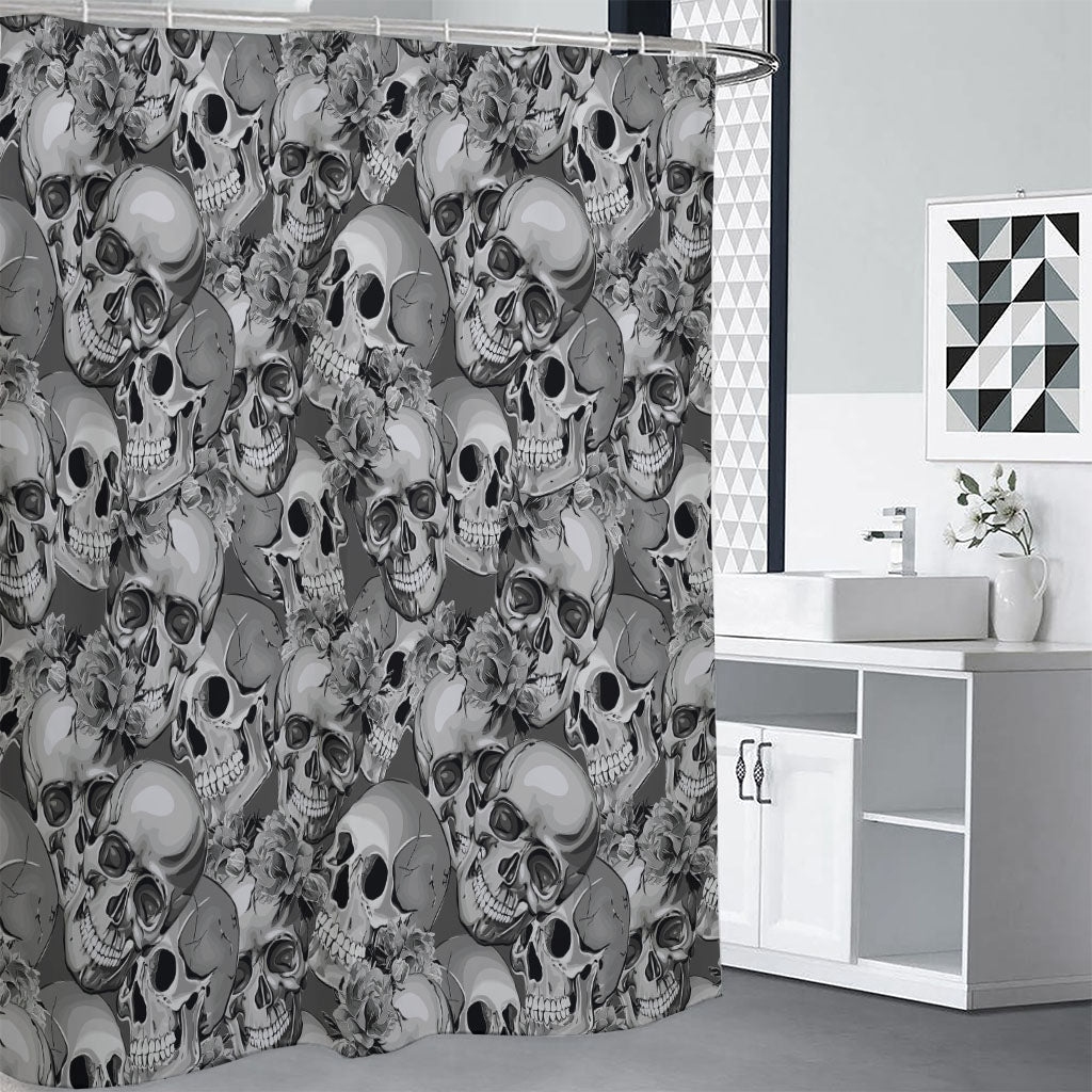 Monochrome Skull Flowers Pattern Print Premium Shower Curtain