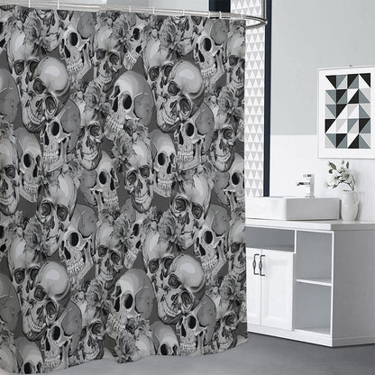 Monochrome Skull Flowers Pattern Print Premium Shower Curtain